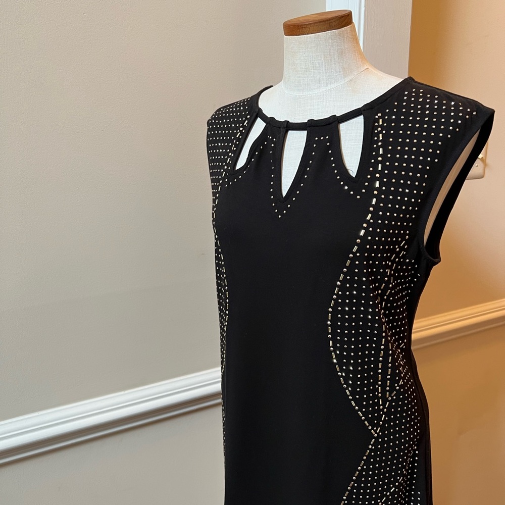 Cache – Black Sleeveless Sweater w/Cutout Neckline and Gold Swirl Beaded Design